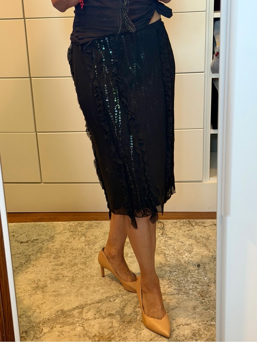 Black Sequin Ruffle Midi Skirt - Women